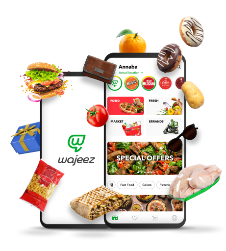deux écrans de téléphone montrant l'application Wajeez entourée d'une variété de plats, de produits d'épicerie frais et d'objets divers comme un portefeuille